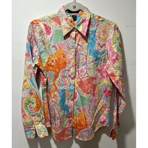 Chaps 100% Cotton Pastel Paisley Long Sleeve Button-Up Shirt Size M